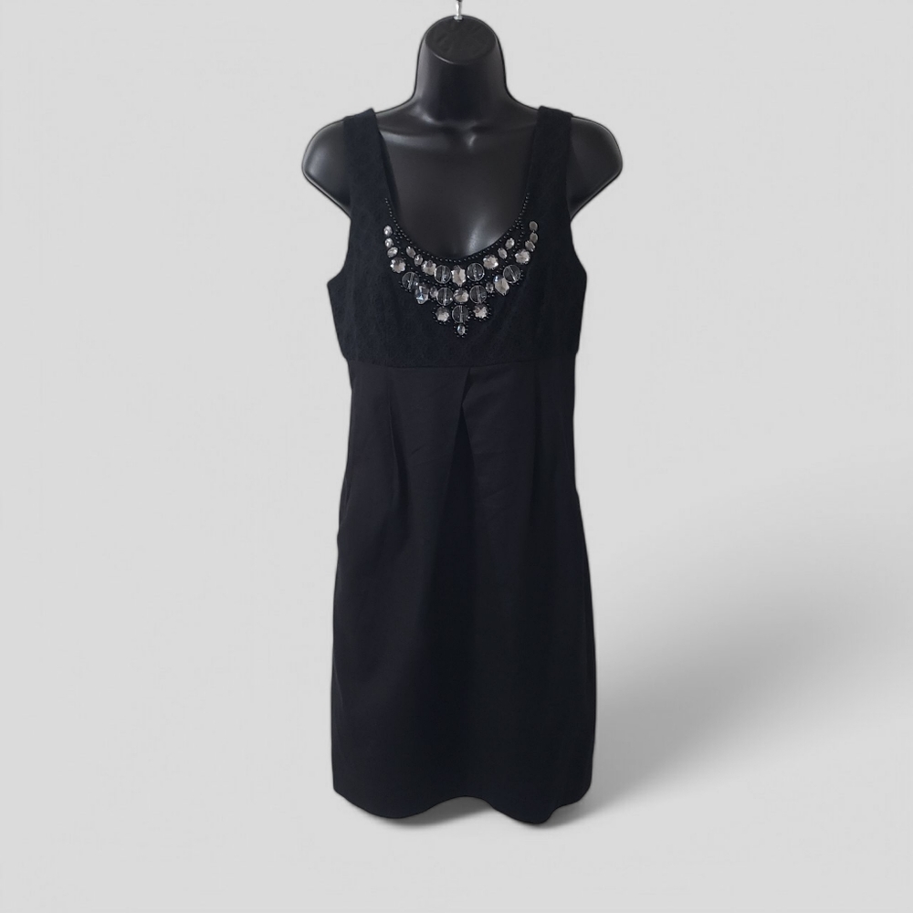 Kensie Y2K Black Linen Blend Jeweled Crochet Mini Dress Sz 6 Pockets Cocktail